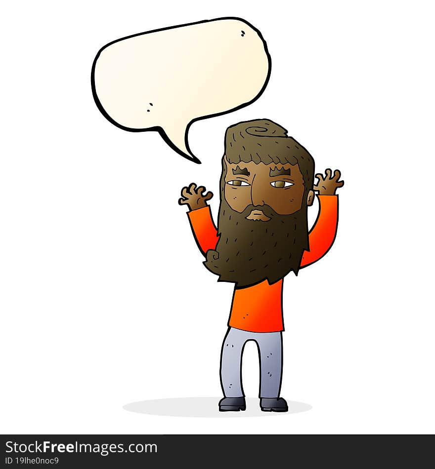 cartoon bearded man waving arms with speech bubble