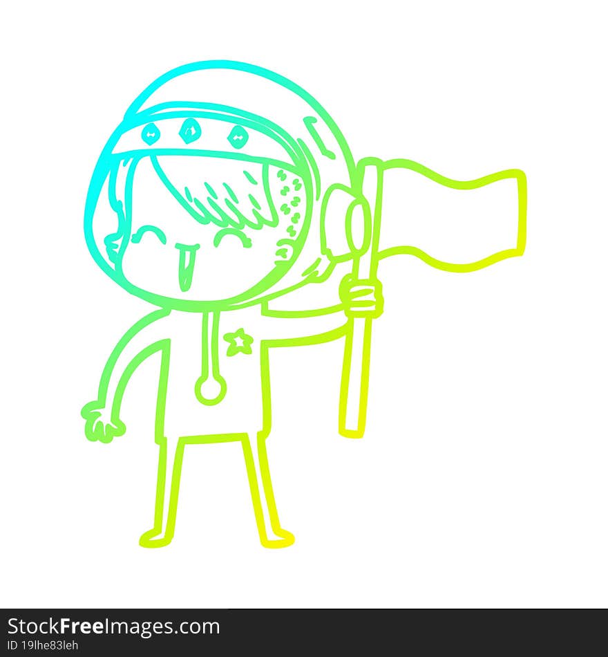 cold gradient line drawing happy cartoon space girl holding flag