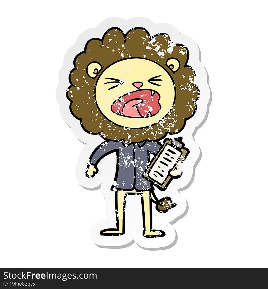 distressed sticker of a cartoon lion salesman