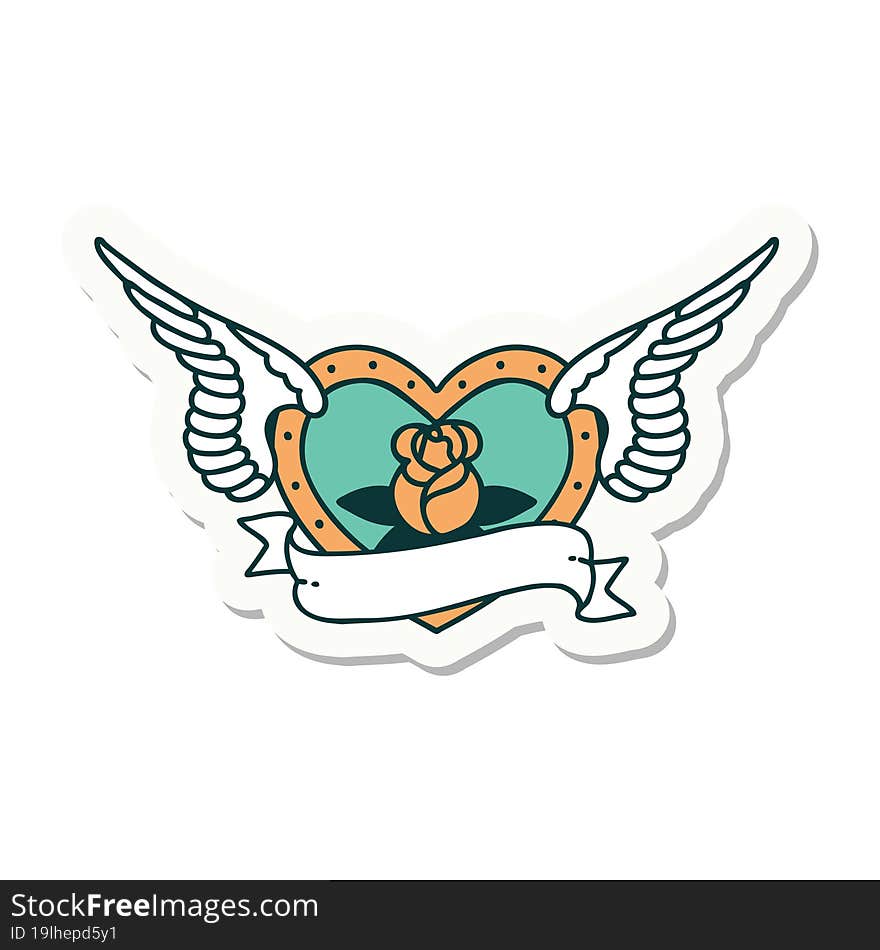 Tattoo Style Sticker Of A Flying Heart With Flowers And Banner