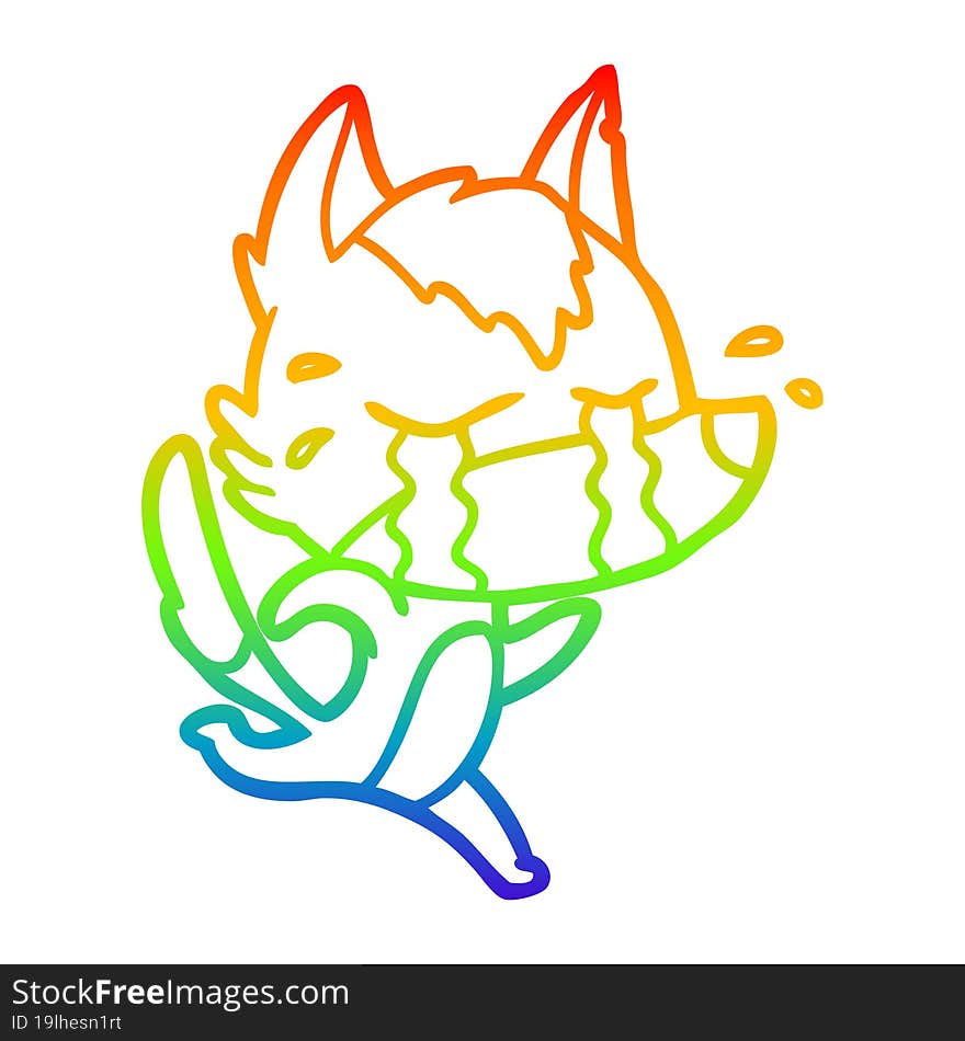 rainbow gradient line drawing of a cartoon crying wolf