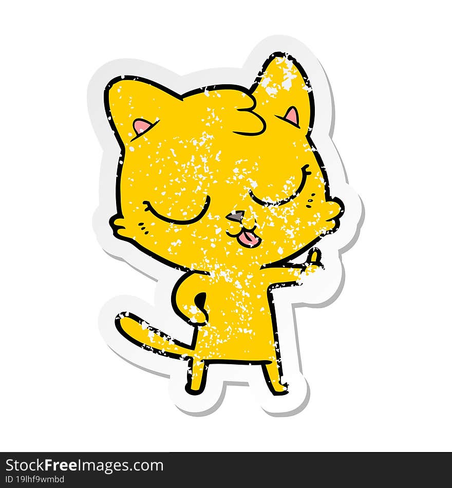 distressed sticker of a happy cartoon cat