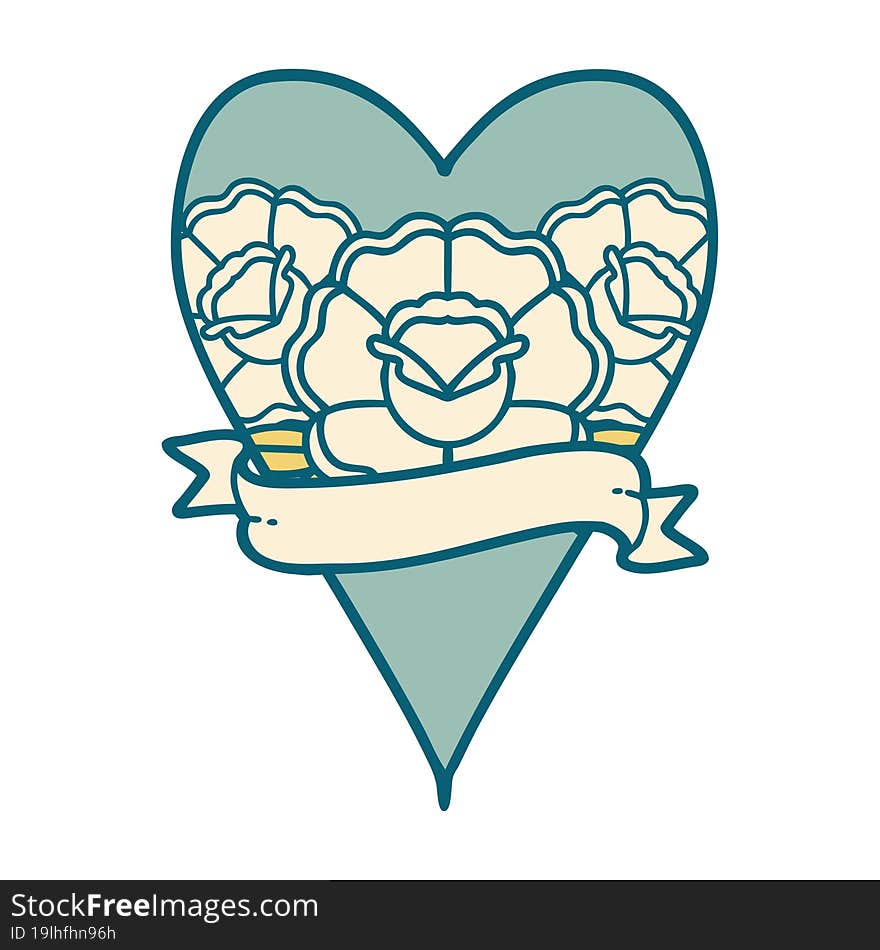 iconic tattoo style image of a heart and banner with flowers. iconic tattoo style image of a heart and banner with flowers