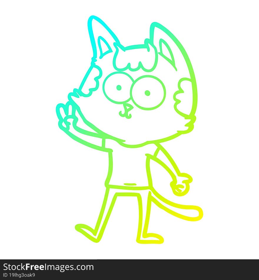 cold gradient line drawing happy cartoon cat giving peace sign