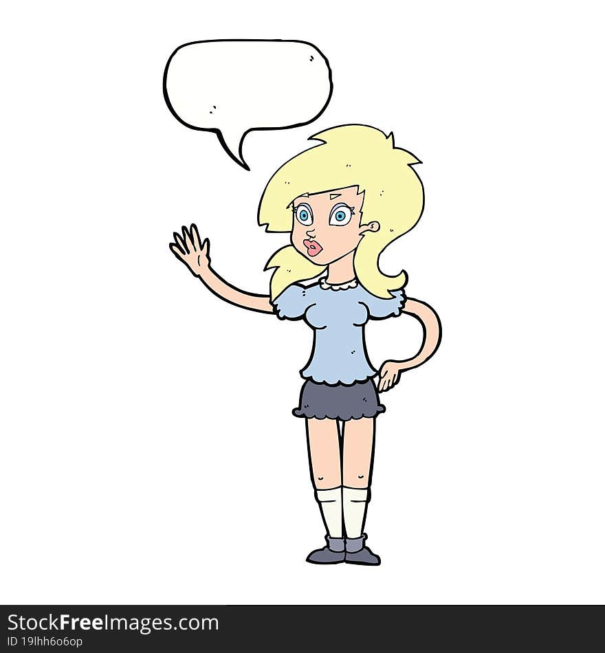 cartoon pretty woman waving for attention with speech bubble