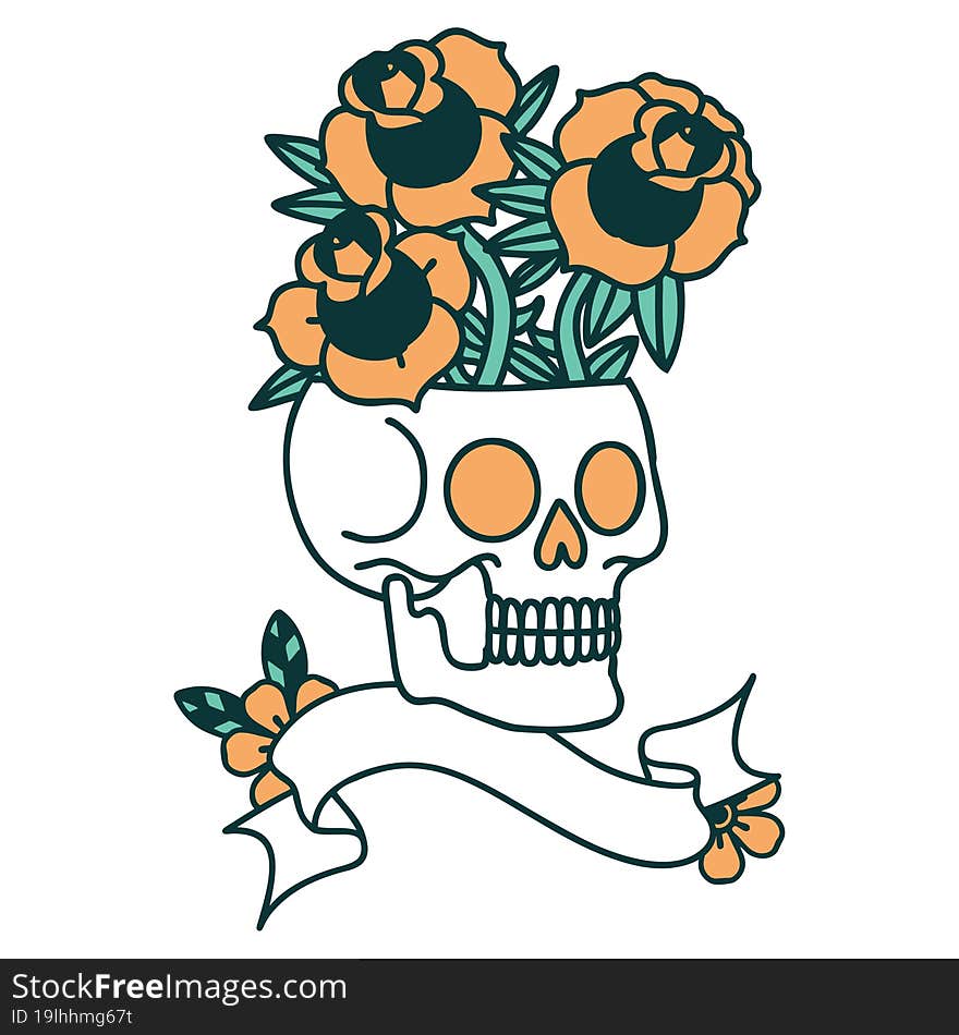 Tattoo With Banner Of A Skull And Roses