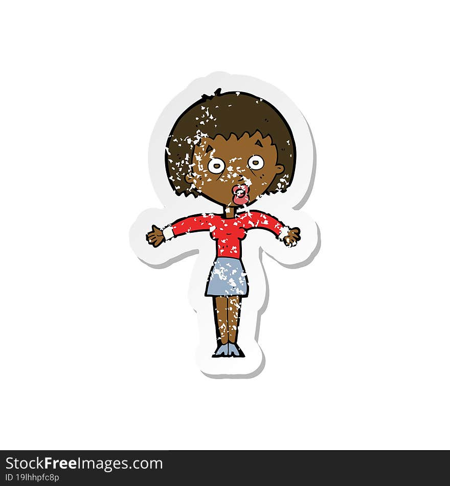 Retro Distressed Sticker Of A Cartoon Woman Shrugging Shoulders