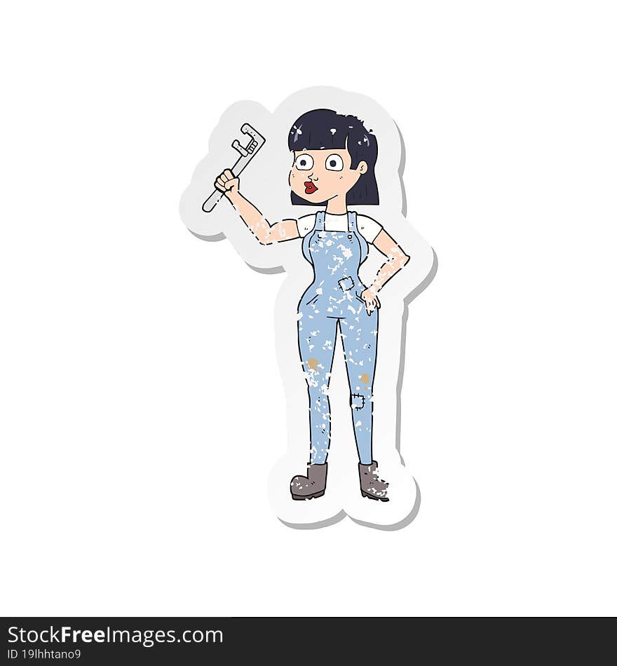 Retro Distressed Sticker Of A Cartoon Female Plumber