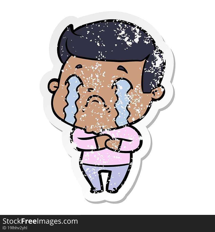 distressed sticker of a cartoon man crying