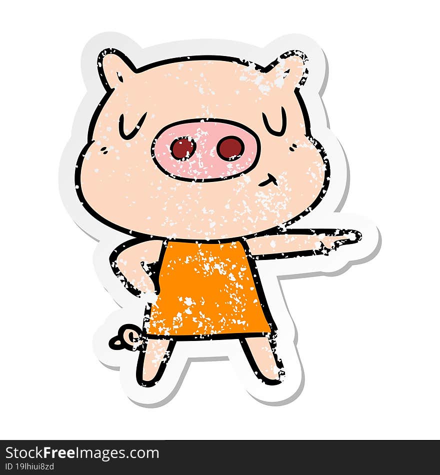 Distressed Sticker Of A Cartoon Content Pig In Dress Pointing