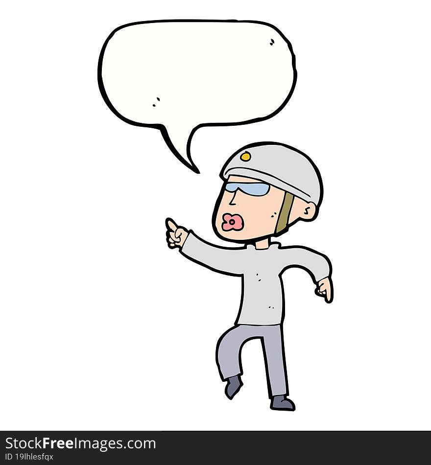 cartoon man in bike helmet pointing with speech bubble