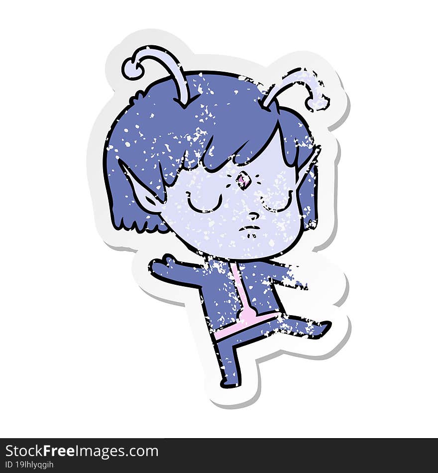 distressed sticker of a cartoon alien girl