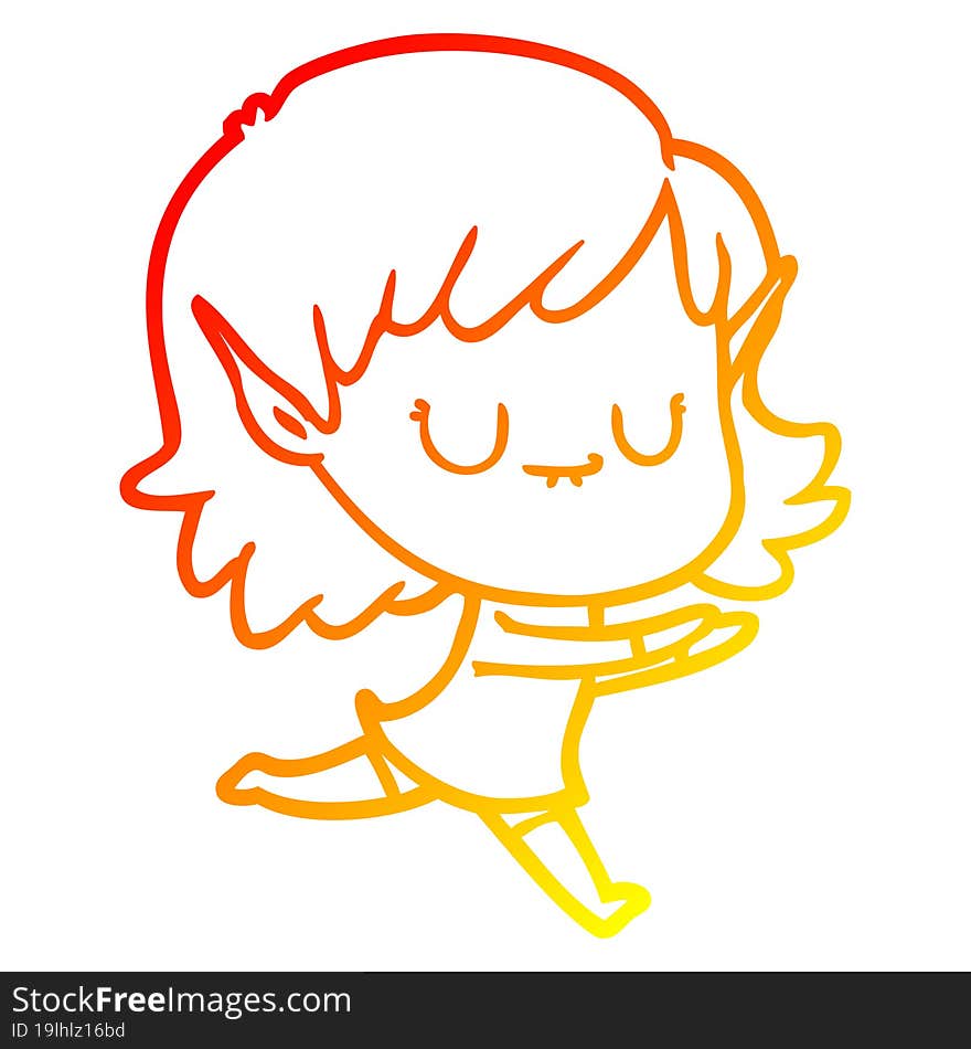 Warm Gradient Line Drawing Happy Cartoon Elf Girl Posing