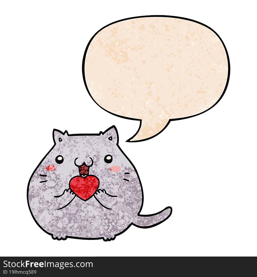 cute cartoon cat in love with speech bubble in retro texture style