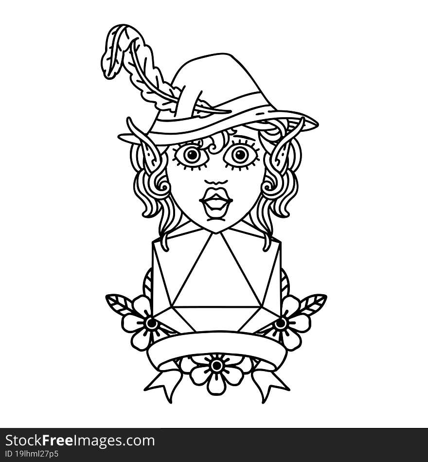 Black and White Tattoo linework Style elf bard with natural twenty dice roll. Black and White Tattoo linework Style elf bard with natural twenty dice roll