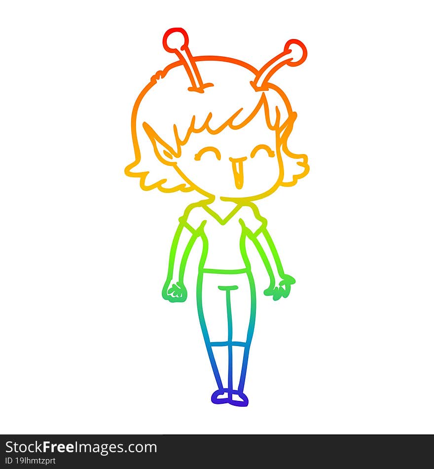 rainbow gradient line drawing cartoon alien girl laughing