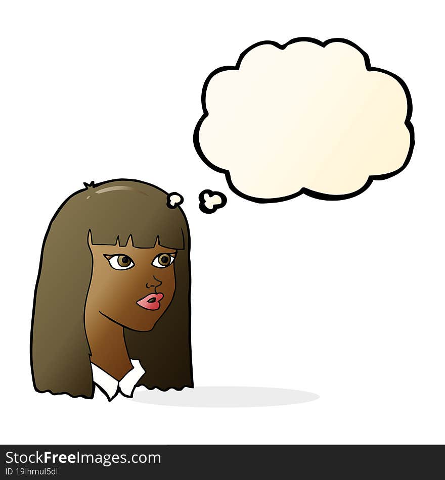 cartoon pretty girl with long hair with thought bubble