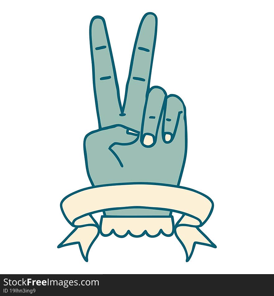 Retro Tattoo Style peace two finger hand gesture with banner. Retro Tattoo Style peace two finger hand gesture with banner