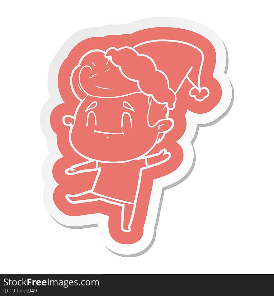 happy quirky cartoon  sticker of a man wearing santa hat