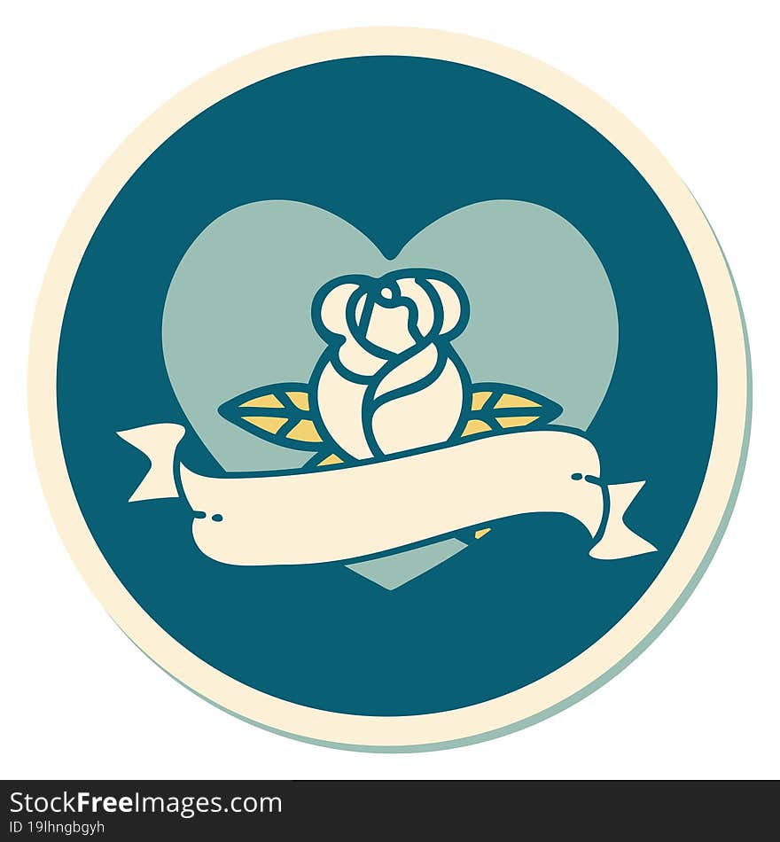 sticker of tattoo in traditional style of a heart rose and banner. sticker of tattoo in traditional style of a heart rose and banner