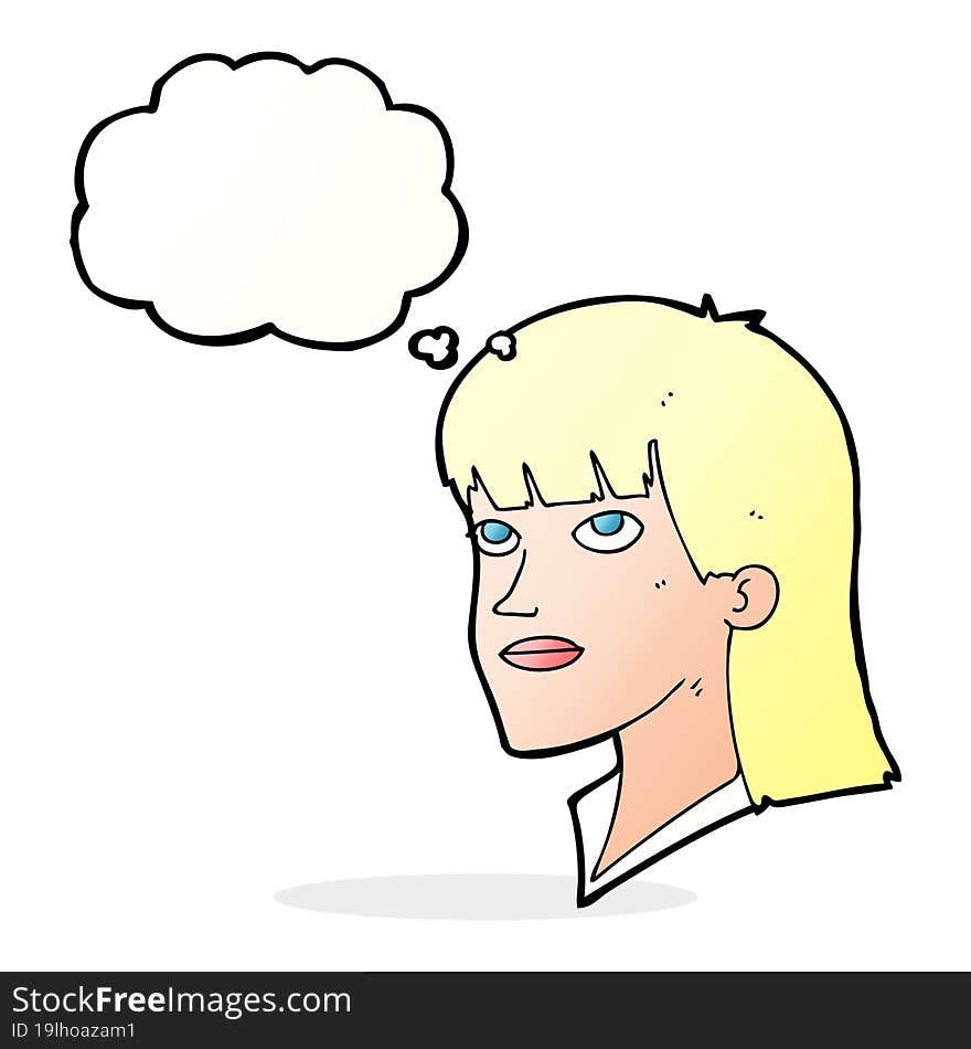 cartoon serious woman with thought bubble