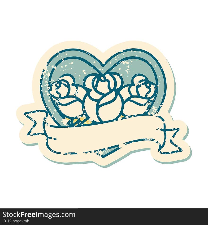 Distressed Sticker Tattoo Style Icon Of A Heart And Banner With Flowers