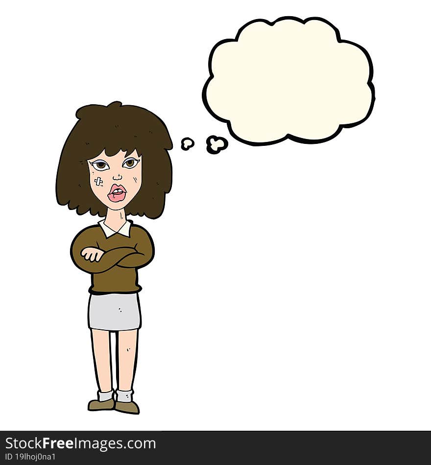 cartoon tough woman with folded arms with thought bubble