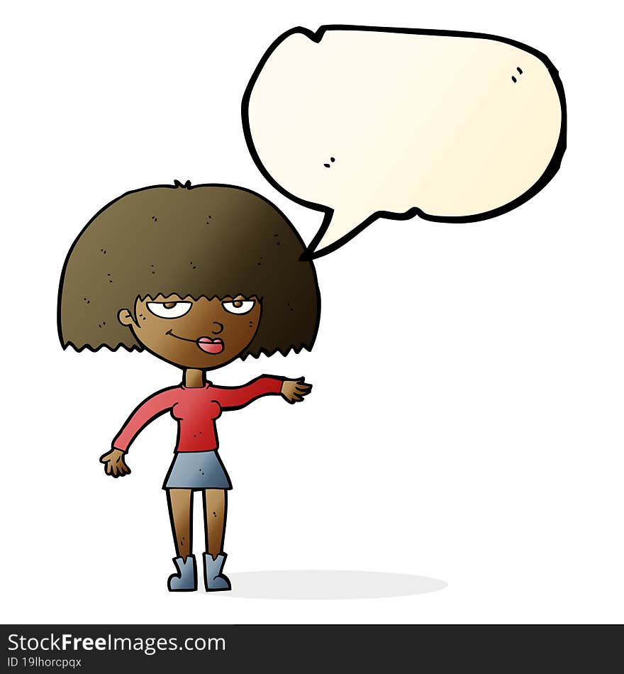 cartoon smug woman making dismissive gesture with speech bubble