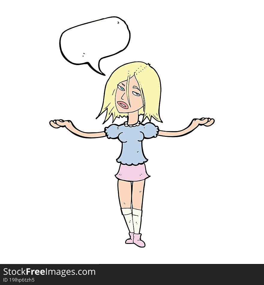 cartoon woman shrugging shoulders with speech bubble