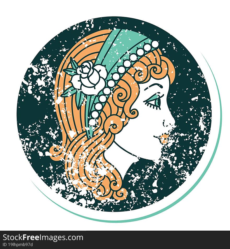 distressed sticker tattoo style icon of a gypsy head