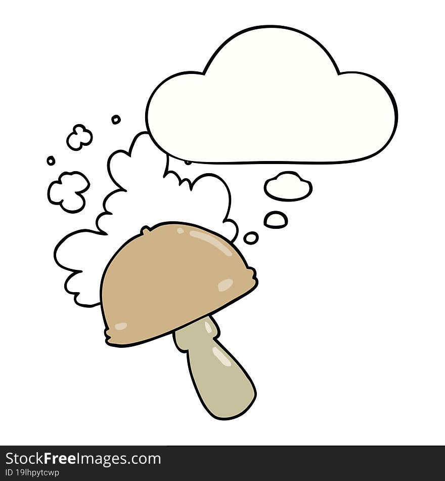 cartoon mushroom with spore cloud with thought bubble