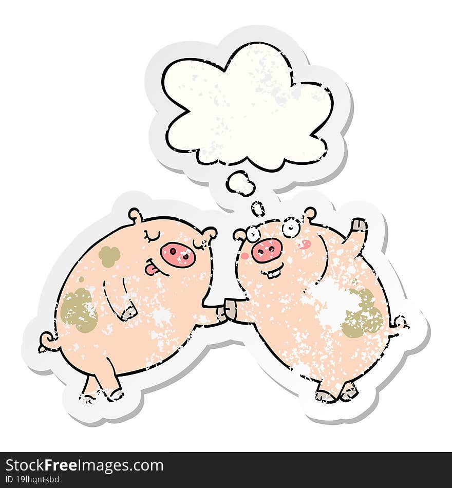 Cartoon Pigs Dancing And Thought Bubble As A Distressed Worn Sticker