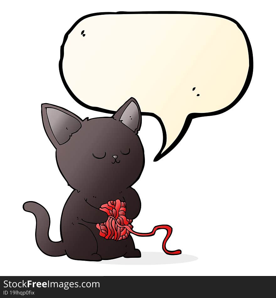 Cartoon Cute Black Cat Playing With Ball Of Yarn With Speech Bubble