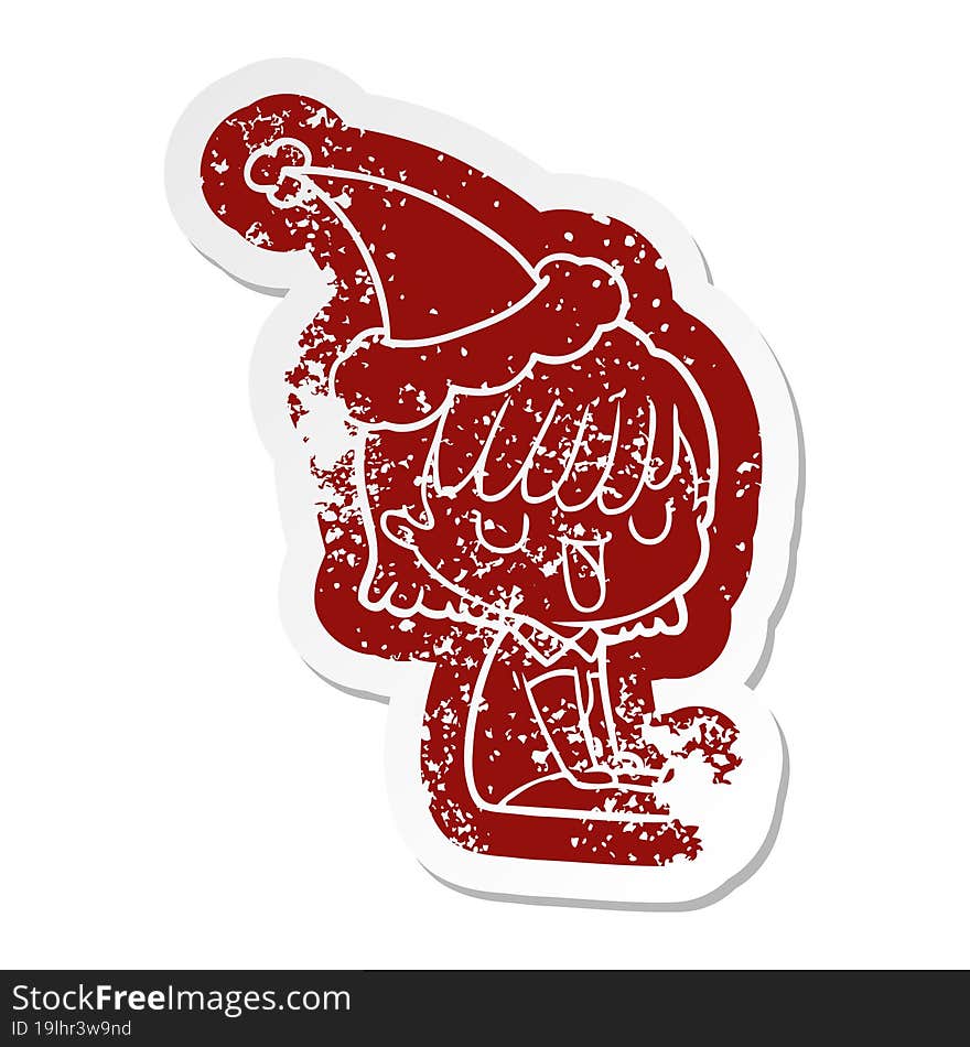 quirky cartoon distressed sticker of a woman wearing santa hat