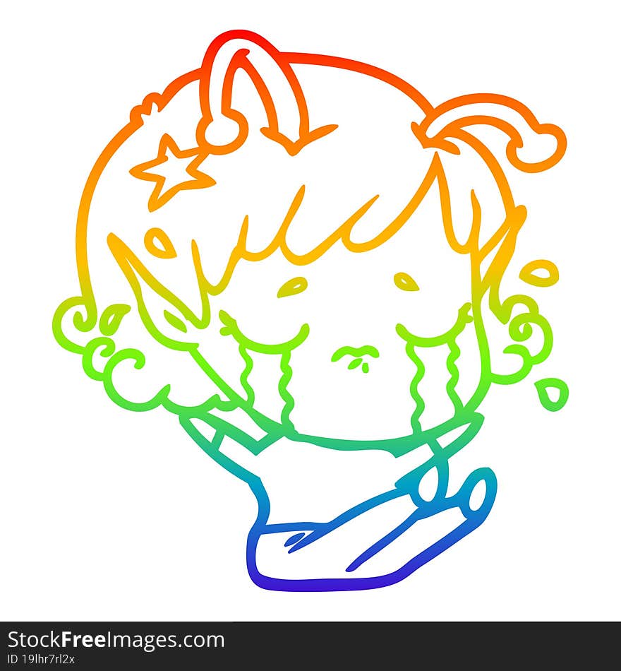 Rainbow Gradient Line Drawing Cartoon Crying Alien Girl