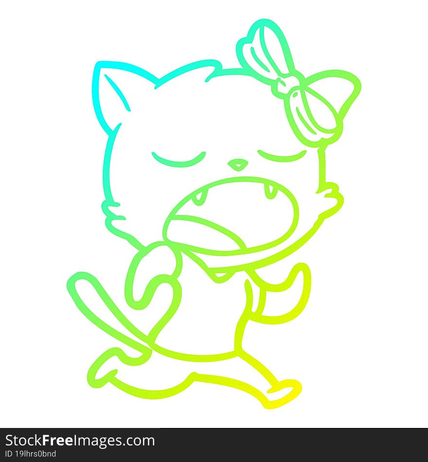 Cold Gradient Line Drawing Cartoon Yawning Cat