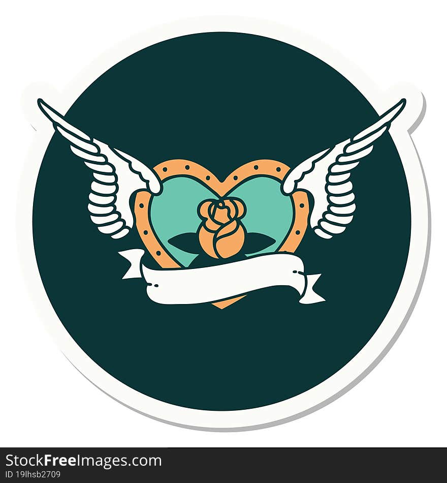 sticker of tattoo in traditional style of a flying heart with flowers and banner. sticker of tattoo in traditional style of a flying heart with flowers and banner