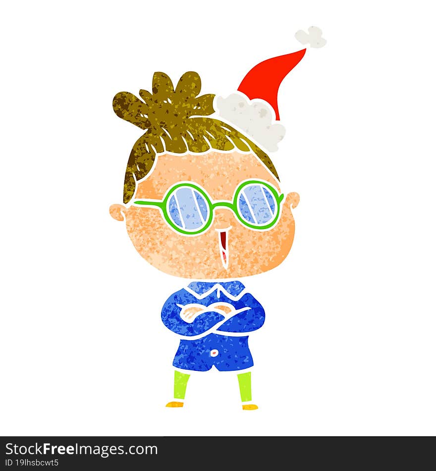 retro cartoon of a woman wearing spectacles wearing santa hat