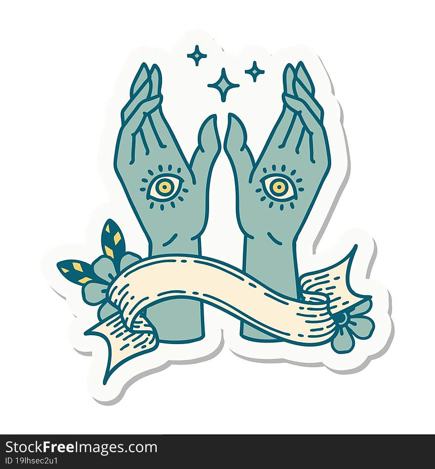 tattoo style sticker with banner of mystic hands