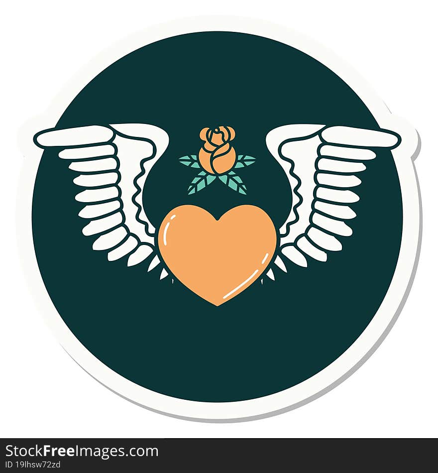 sticker of tattoo in traditional style of a heart with wings. sticker of tattoo in traditional style of a heart with wings