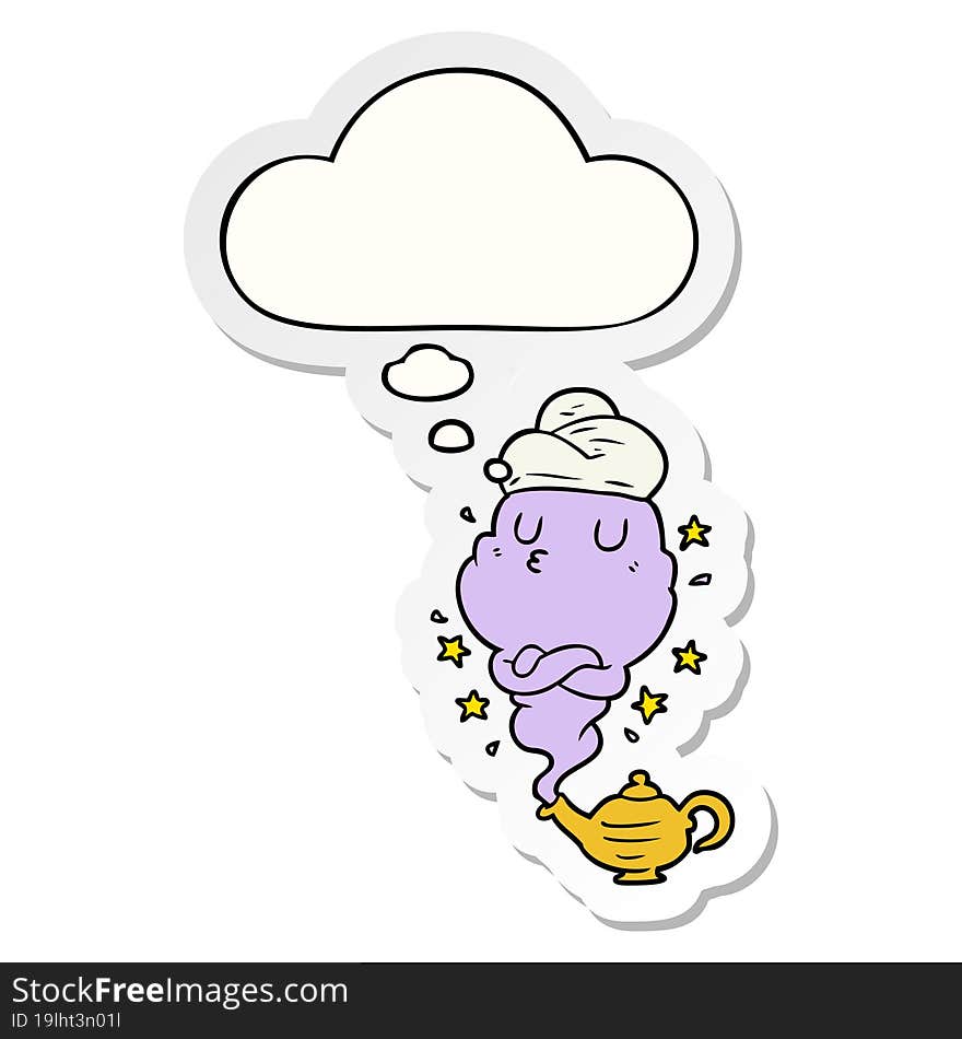 cartoon genie with thought bubble as a printed sticker