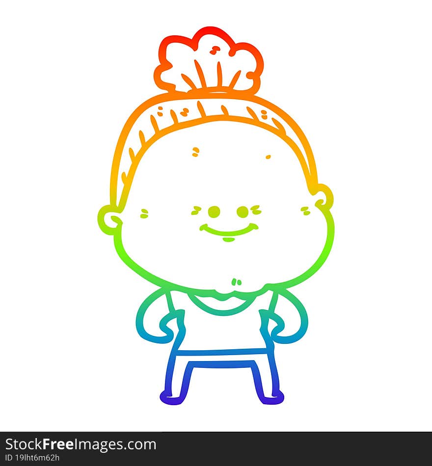 rainbow gradient line drawing of a cartoon happy old woman