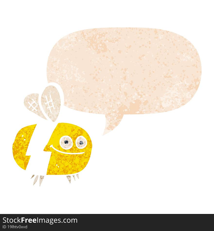 cartoon bee and speech bubble in retro textured style