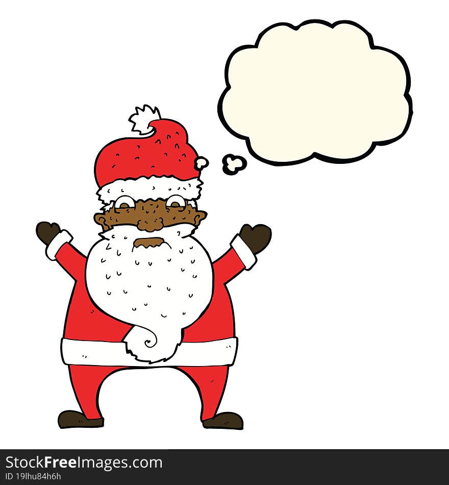 cartoon stressed out santa with thought bubble