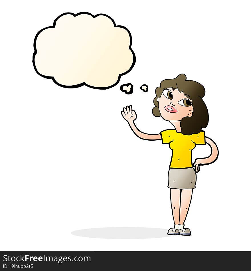 cartoon woman waving  with thought bubble