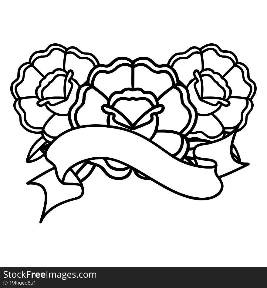 Black Linework Tattoo With Banner Of A Bouquet Of Flowers