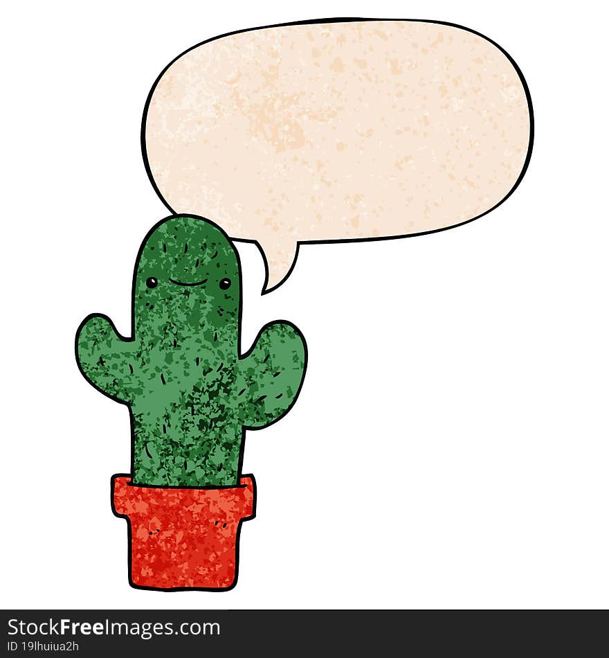 cartoon cactus and speech bubble in retro texture style