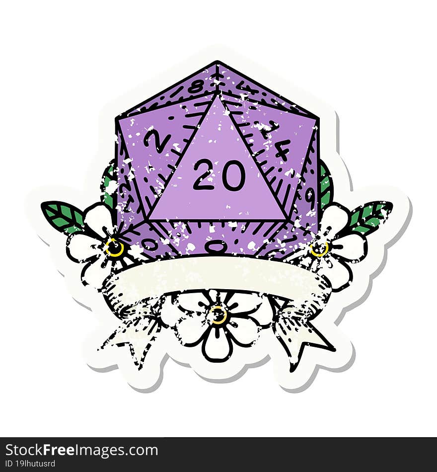 natural 20 critical hit D20 dice roll grunge sticker