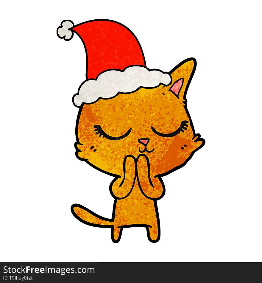 calm textured cartoon of a cat wearing santa hat