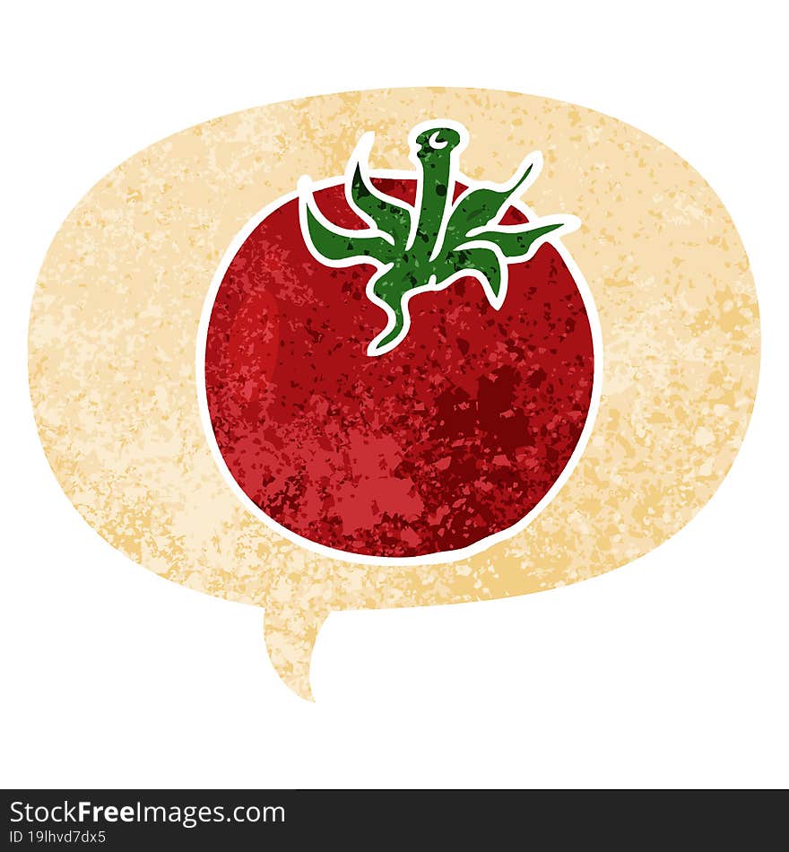 cartoon tomato and speech bubble in retro textured style